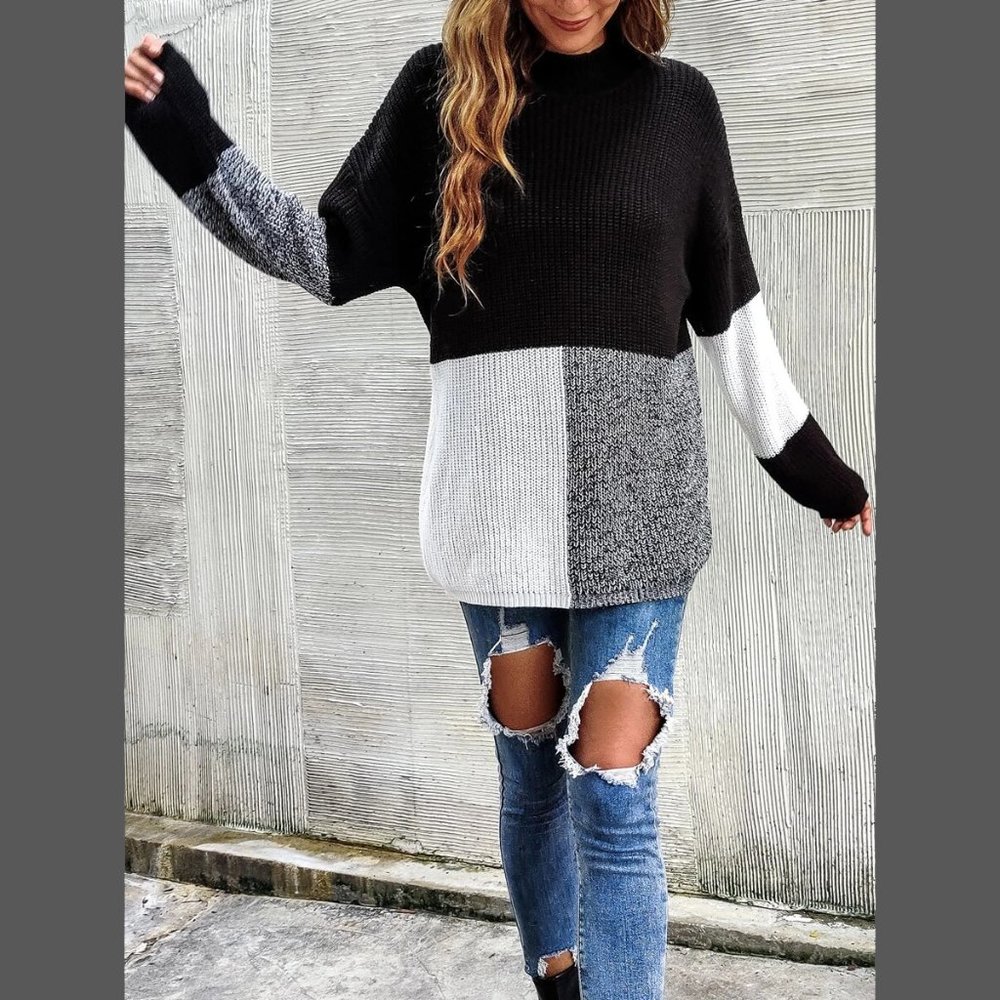 Long Sleeve Colorblock Knit Pullover Sweater Black, Gray, White - Picture 5 of 12